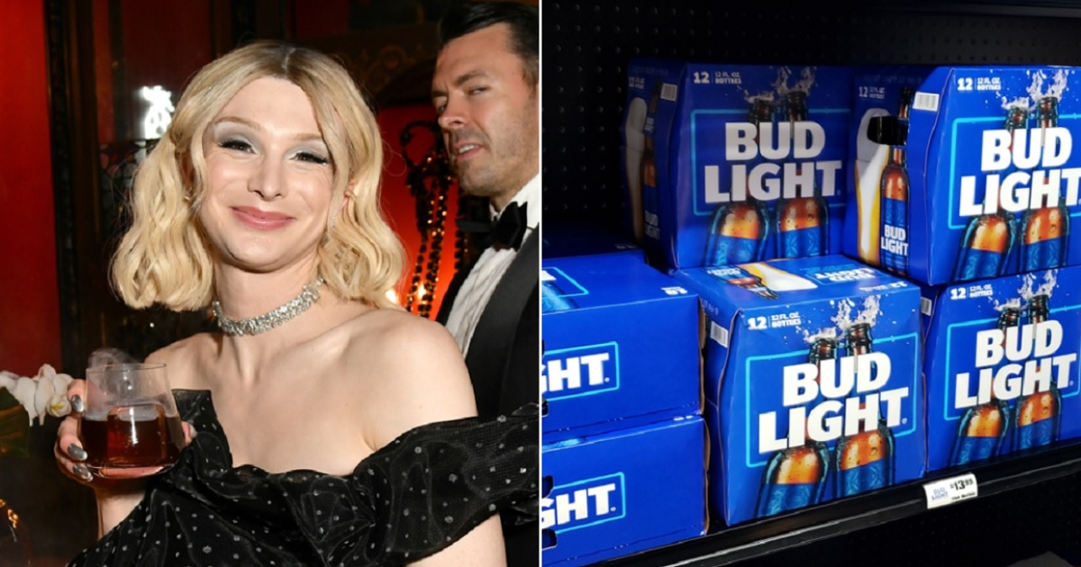 Dylan Mulvaney sporting a blond wig, left; boxes of Bud Light on a store shelf, right.