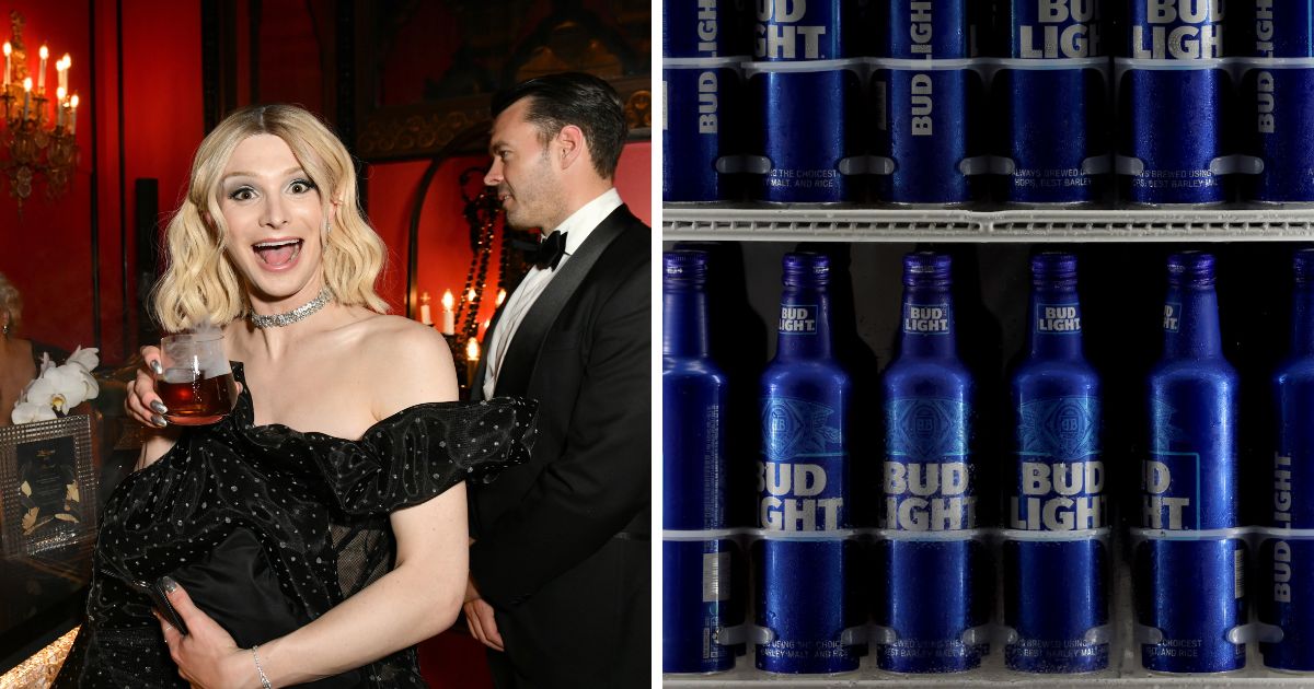 (L) Dylan Mulvaney visits the Zacapa XO x Baccarat Speakeasy at the 76th Annual Tony Awards on June 11, 2023 in New York City. (R) Cans of Bud Light sit in a cooler on the concourse at Oriole Park at Camden Yards during the Baltimore Orioles and Minnesota Twins game on June 30, 2023 in Baltimore, Maryland.