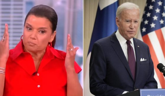 "The View" panelist Ana Navarro, left, looking upset on Monday's show; President Joe Biden, right pictured in a July 13 file photo in Helsinki, Finland.