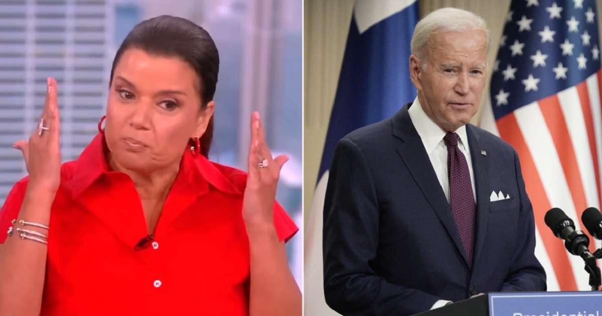 "The View" panelist Ana Navarro, left, looking upset on Monday's show; President Joe Biden, right pictured in a July 13 file photo in Helsinki, Finland.