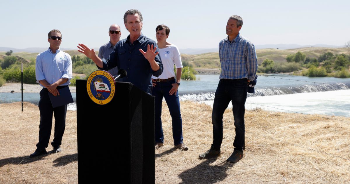 California Gov. Gavin Newsom speaks to the media at the Lower Yuba River and the Daguerre Point Dam on May 16 in Marysville, California.