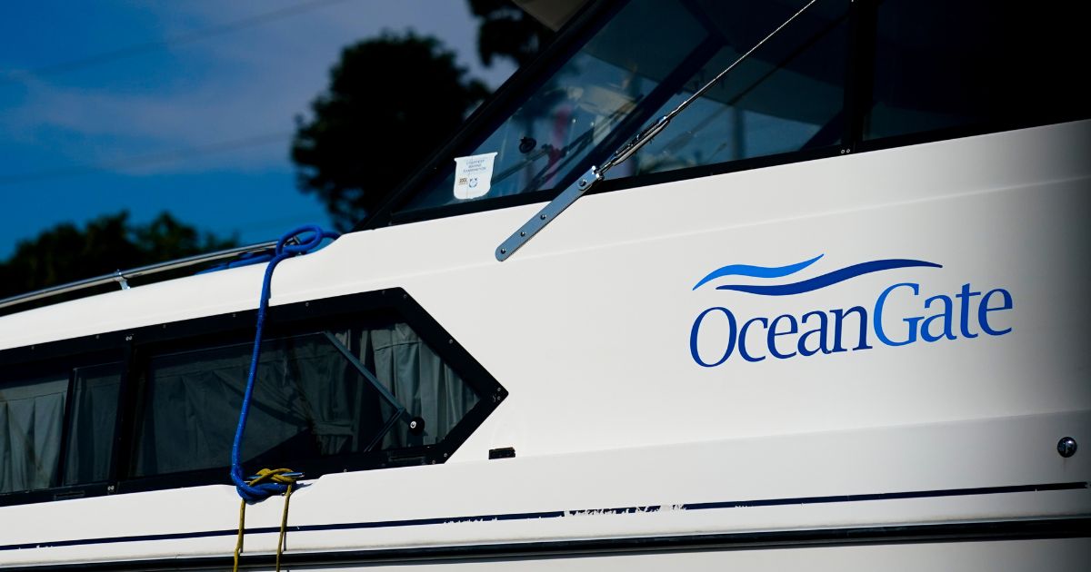 A boat with the OceanGate logo is parked on a lot near the OceanGate offices on June 22 in Everett, Washington.