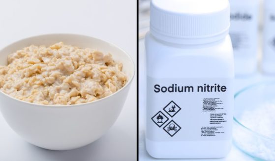 A bowl of porridge and a container of sodium nitrite are seen in the above stock images.