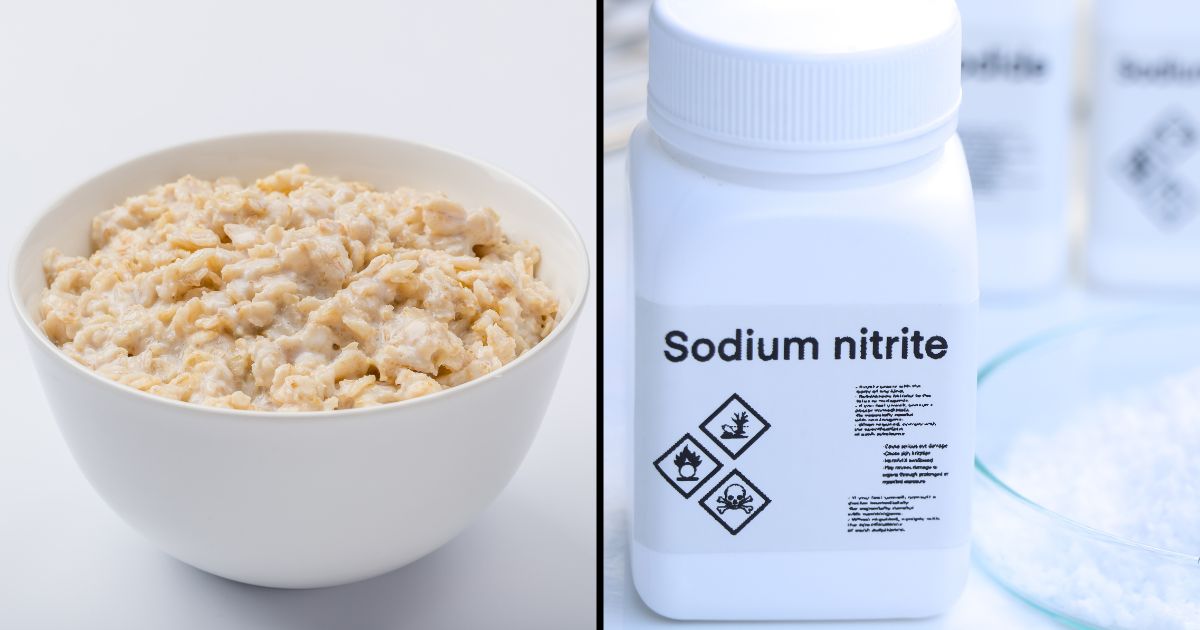 A bowl of porridge and a container of sodium nitrite are seen in the above stock images.