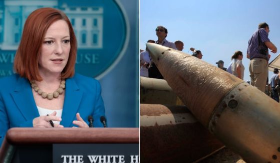 Jen Psaki, left, in a 2022 file photo. An unexploded cluster bomb component, right.