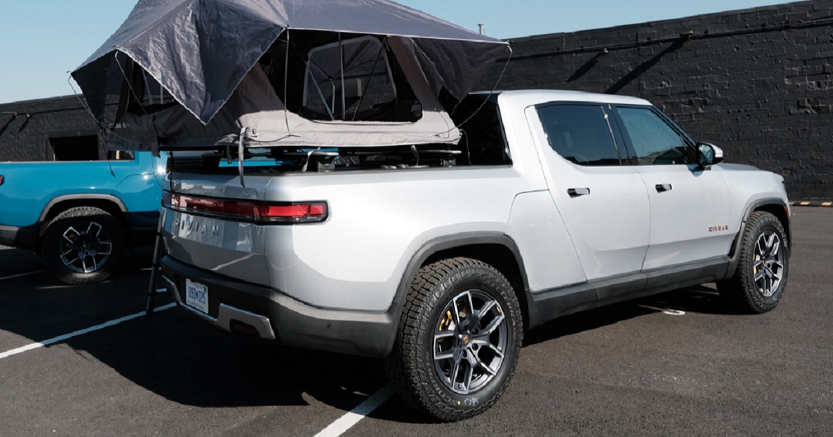 A model of an R1T electric pickup truck by Rivian is pictured in a 2021 file photo.