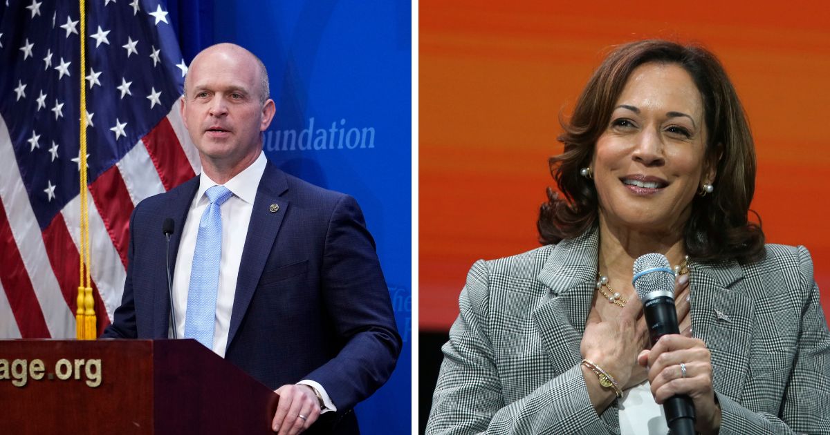 Kevin Roberts, president of The Heritage Foundation, left, schooled Vice President Kamala Harris, right, after her criticism of Florida's history curriculum.