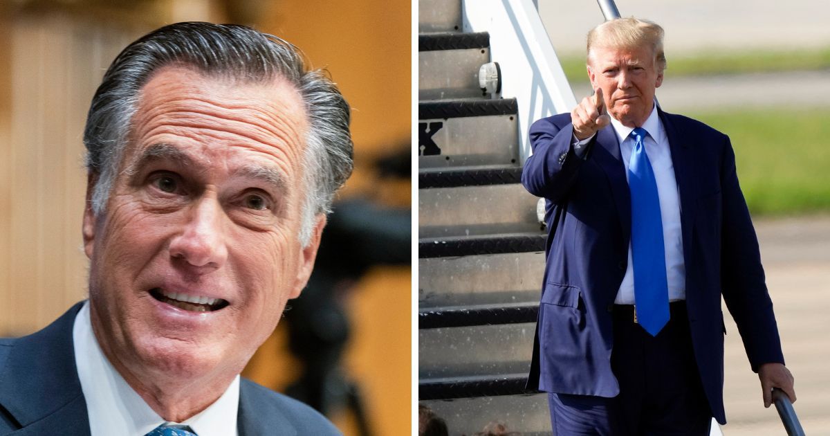 On the left, Sen. Mitt Romney, R-Utah, is seen in a file photo from April 2022. On the right, former President Donald Trump arrives at New Orleans International Airport in New Orleans Tuesday.