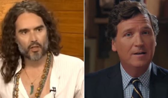 British actor, commentator and podcast host Russell Brand, left; former Fox New host Tucker Carlson, right, on Friday. (Abishek / YouTube screen shot; @TuckerCarlson / Twitter screen shot)