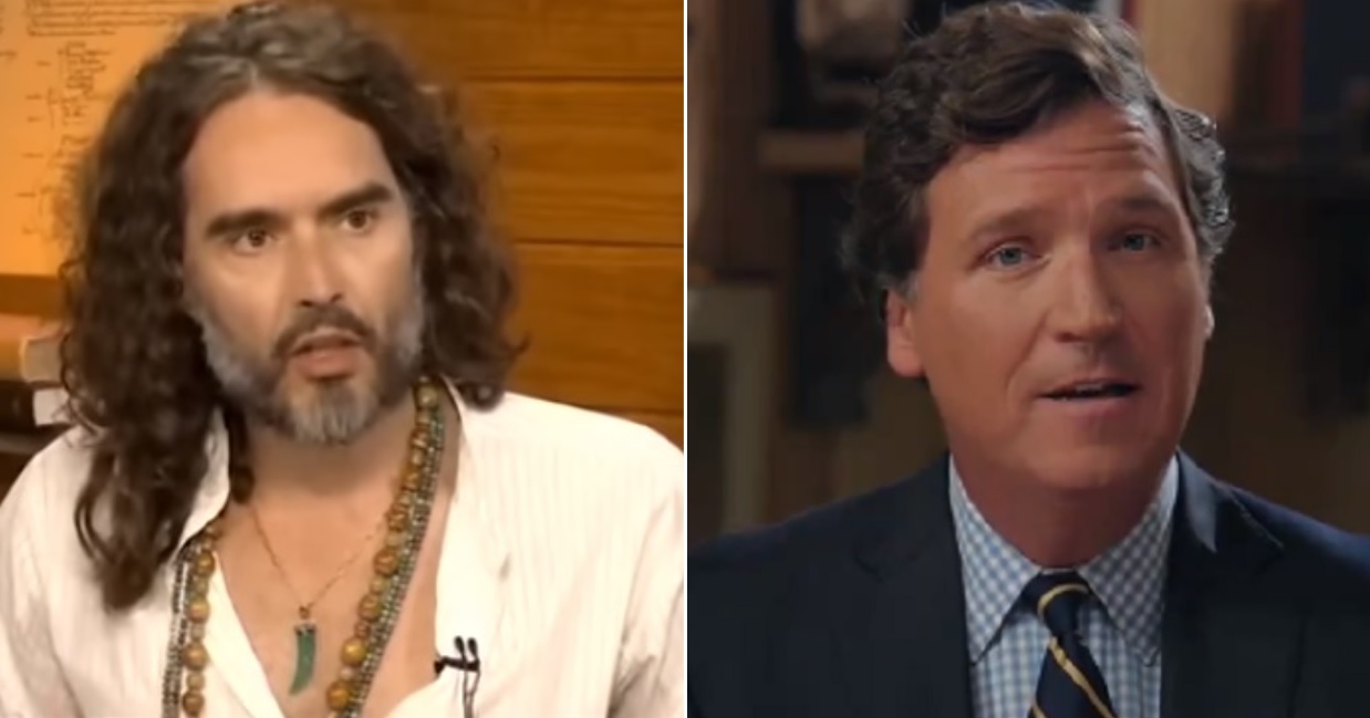 British actor, commentator and podcast host Russell Brand, left; former Fox New host Tucker Carlson, right, on Friday. (Abishek / YouTube screen shot; @TuckerCarlson / Twitter screen shot)