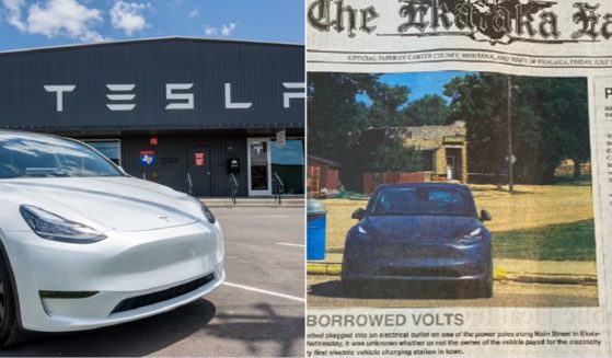 A Tesla dealership, left; the July 21 front page of the Ekalaka Eagle, right.