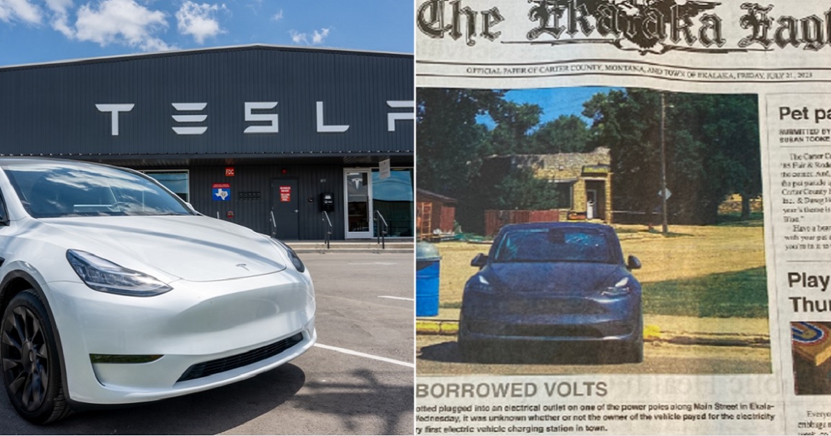 A Tesla dealership, left; the July 21 front page of the Ekalaka Eagle, right.
