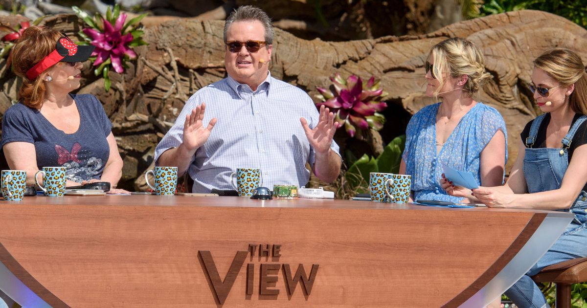 In this photo, hosts Joy Behar, left, Sara Haines, second from right, and Jedediah Bila, right, speak with guest Eric Stonestreet, second from left, on ABC's "The View" broadcasting from Disney's Animal Kingdom on March 8, 2017, in Lake Buena Vista, Florida.