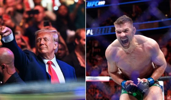Fighter Dricus Du Plessis, right, shook former President Donald Trump's hand after winning his fight in Las Vegas on Saturday.