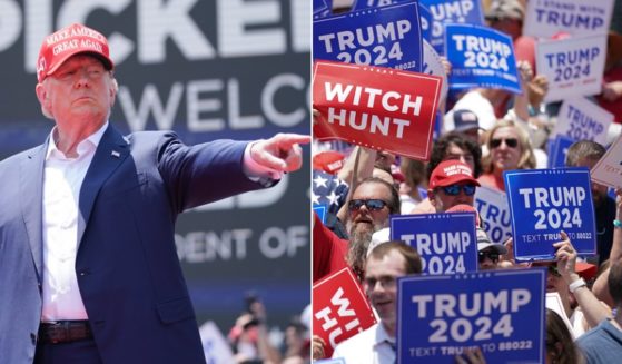 Former President Donald Trump, left; a segment of his audience on Saturday carrying "Trump 2024" and other signs, right.