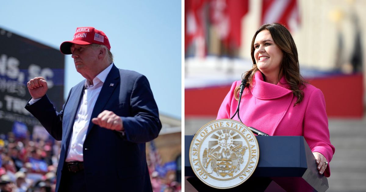 Donald Trump, left, is not too happy with Arkansas Gov. Sarah Huckabee Sanders, right, who in the picture is speaking after taking the Oath of Office on the steps of the Arkansas Capitol on January 10, in Little Rock, Arkansas.