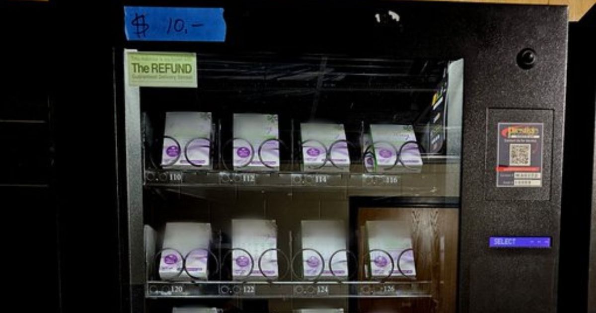 The above image is of a vending machine that carries emergency contraceptives on a college campus.