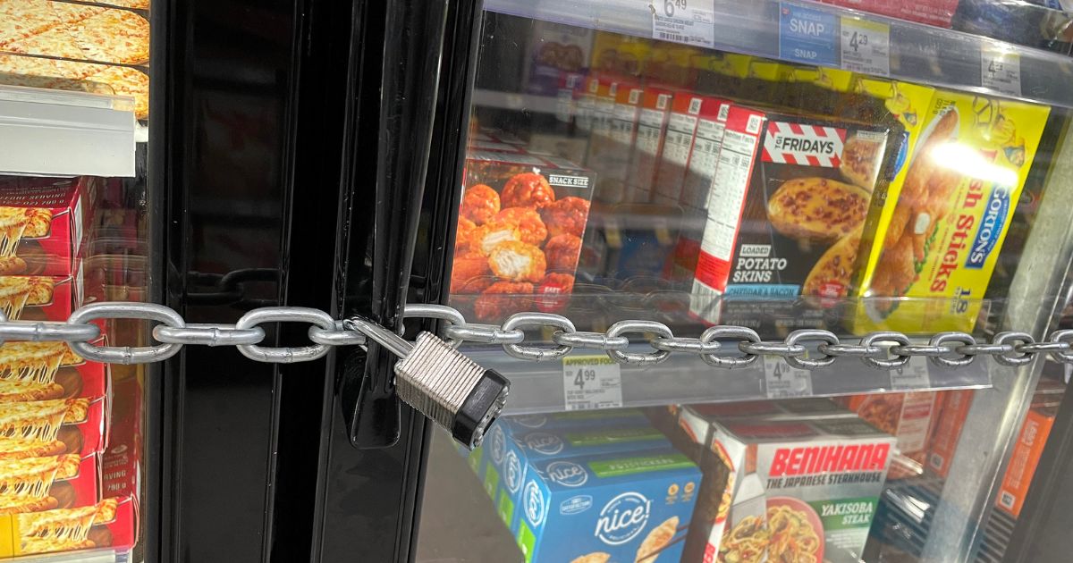 A chain with padlocks secures freezer doors at a Walgreens store on Tuesday in San Francisco, California.