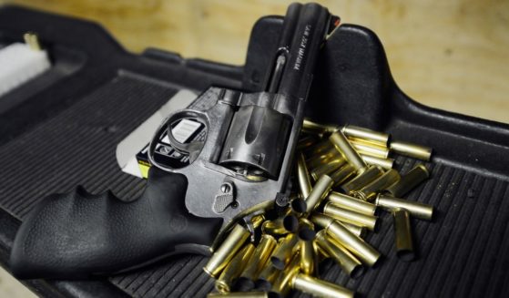 A Smith & Wesson .357 magnum revolver cools down at a target range at the Los Angeles Gun Club in Los Angeles, California, on Dec. 7, 2012.