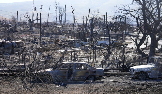 Homes and cars destroyed by a devastating fire are seen Sunday in Lahaina, Hawaii.