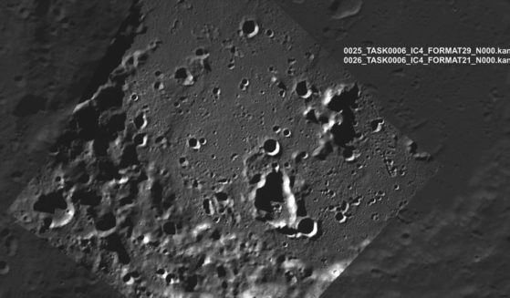 A released by Roscosmos on Thursday shows the lunar south pole region on the far side of the moon as captured by Russia's Luna-25 spacecraft before its failed attempt to land.