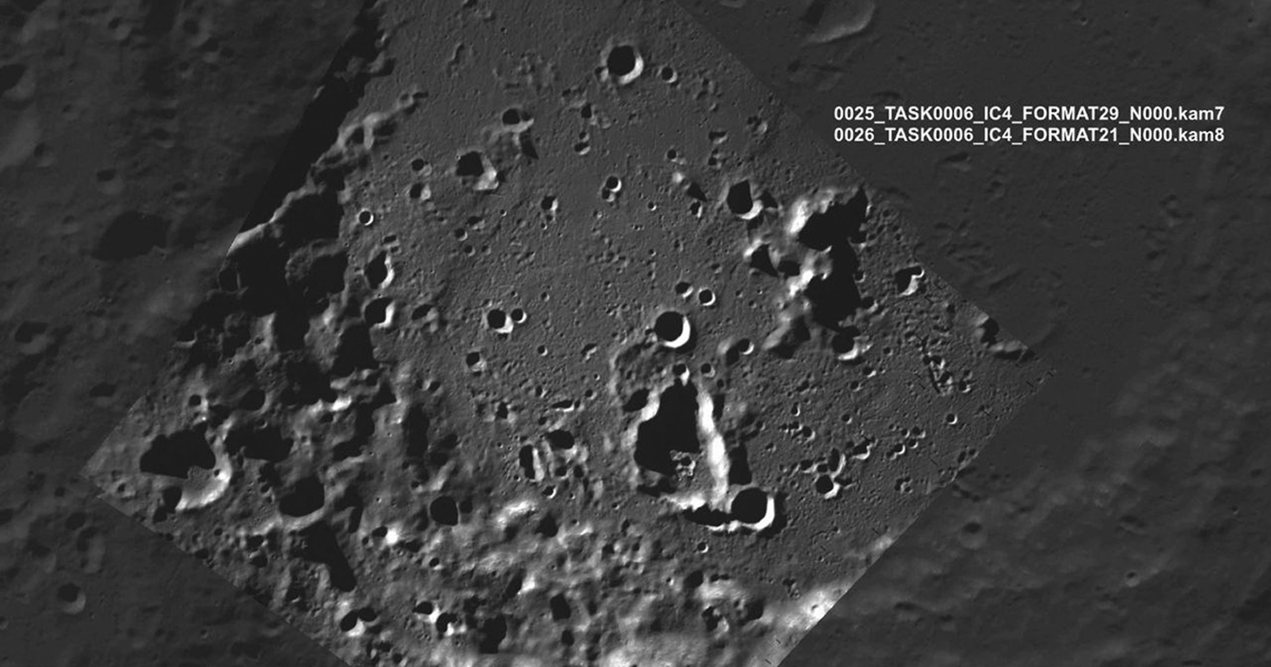 A released by Roscosmos on Thursday shows the lunar south pole region on the far side of the moon as captured by Russia's Luna-25 spacecraft before its failed attempt to land.