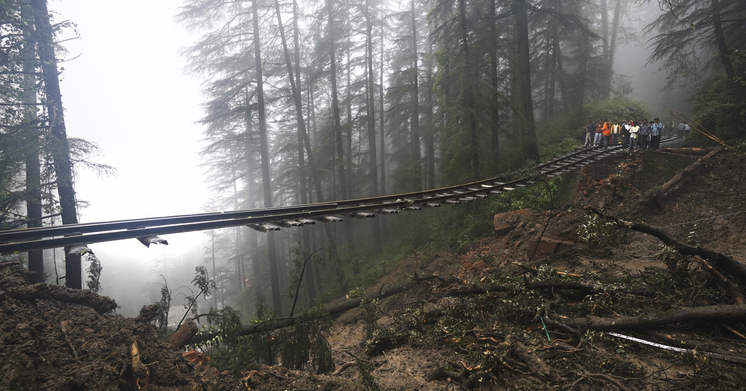 A portion of the Shimla-Kalka heritage railway track in India was washed away following heavy rainfall on the outskirts of Shimla, Himachal Pradesh state, on Monday.