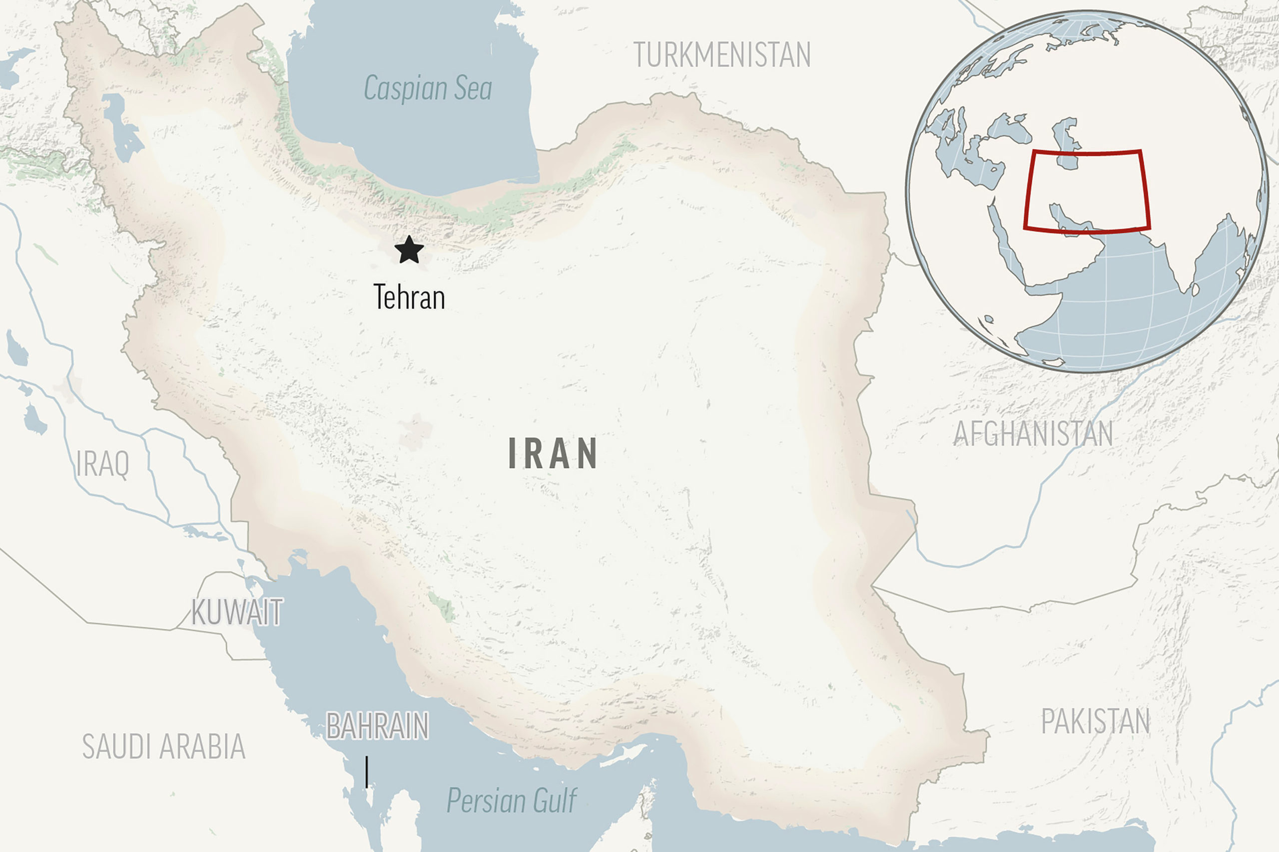 A locator map identifies Iran and its capital, Tehran, in the Middle East.