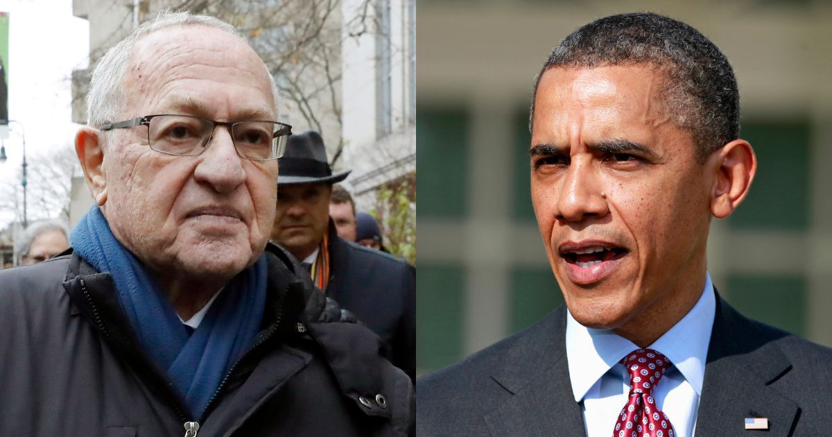 Attorney Alan Dershowitz, left, leaves federal court, in New York, Dec. 2, 2019, and President Barack Obama answers a reporter's question about the death of Trayvon Martin, in the Rose Garden of the White House in Washington, D.C., on March 23, 2012.