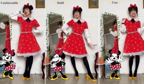 Transvestite social media “influencer” Seann Altman shows off his Disney outfit.