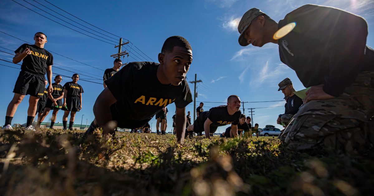 Army recruits participate in physical training at the National Guard Training Center in Sea Girt, New Jersey, on Oct. 19, 2019.