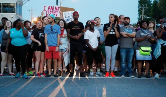 Protesters march in response to a not guilty verdict in the trial of former St. Louis police officer Jason Stockley on Sept. 16, 2017 in St. Louis, Missouri.