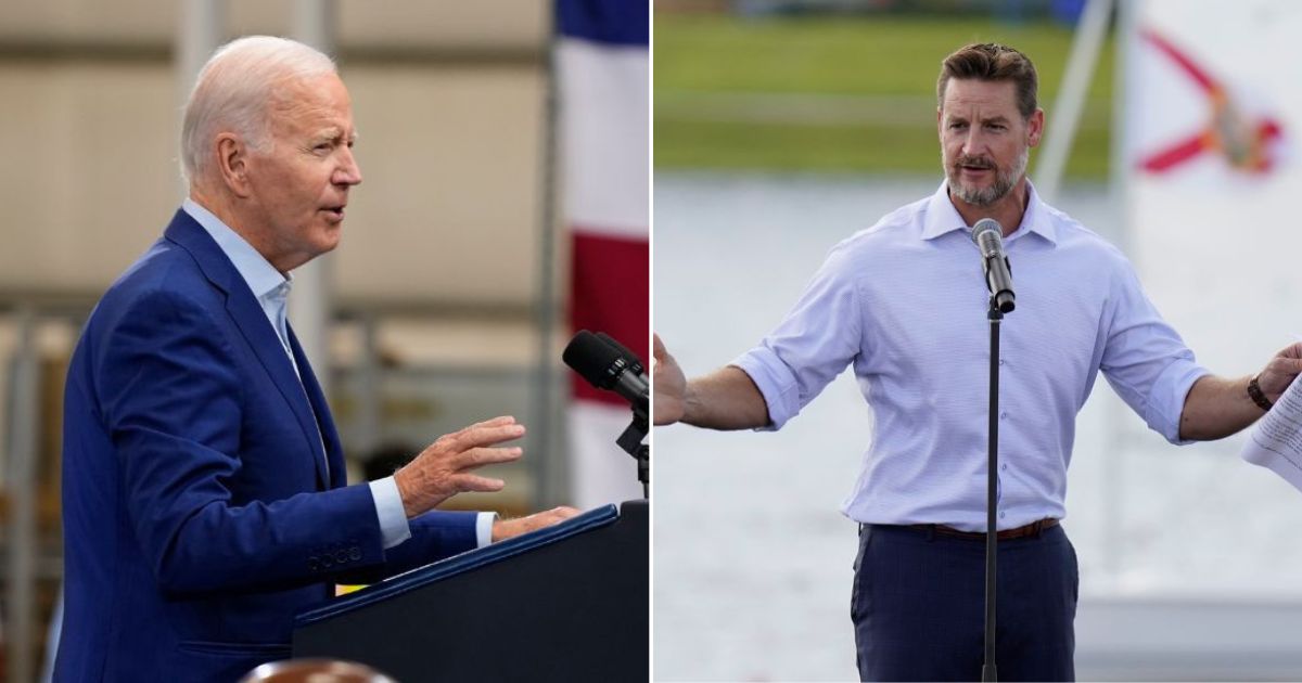 Florida Rep. Greg Steube, right, speaks during a campaign event Oct. 27, 2020, in Sarasota, Florida. According to Steube, it’s “long past time” to begin the process of impeaching President Joe Biden, left.