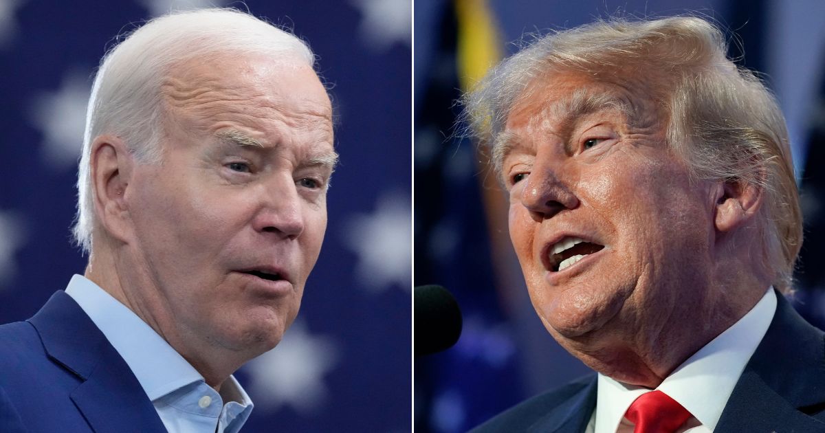 At left, President Joe Biden speaks at the Arcosa Wind Towers in Belen, New Mexico, on Aug. 9. At right, former President Donald Trump speaks at the Moms for Liberty meeting in Philadelphia on June 30.