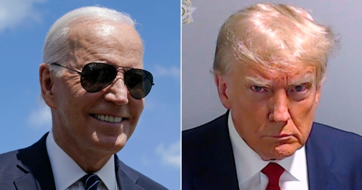 At left, President Joe Biden speaks with members of the media before boarding Air Force One at Andrews Air Force Base, Maryland, on Aug. 17. At right, a booking photo provided by the Fulton County, Georgia, Sheriff’s Office shows former President Donald Trump on Thursday.