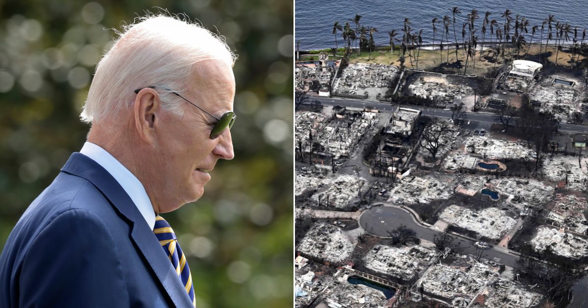 At left, President Joe Biden departs the White House in Washington on Tuesday. At right, an aerial image taken Aug. 10 shows destroyed homes and buildings burned to the ground in Lahaina in the aftermath of wildfires in western Maui, Hawaii.