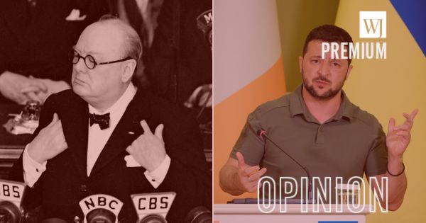 Ukrainian President Volodymyr Zelenskyy, right, has been actively trying to get the United States involved in Ukraine's conflict with Russia, and he is employing the same propaganda tactics used by U.K. Prime Minister Winston Churchill, left, and the British government during World War II.