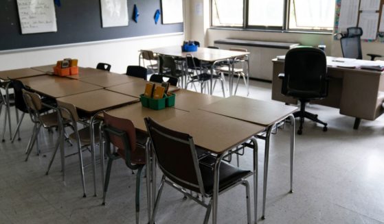 Desks fill a class room at Penn Wood High School in Lansdowne, Pa., Wednesday, May 3, 2023.