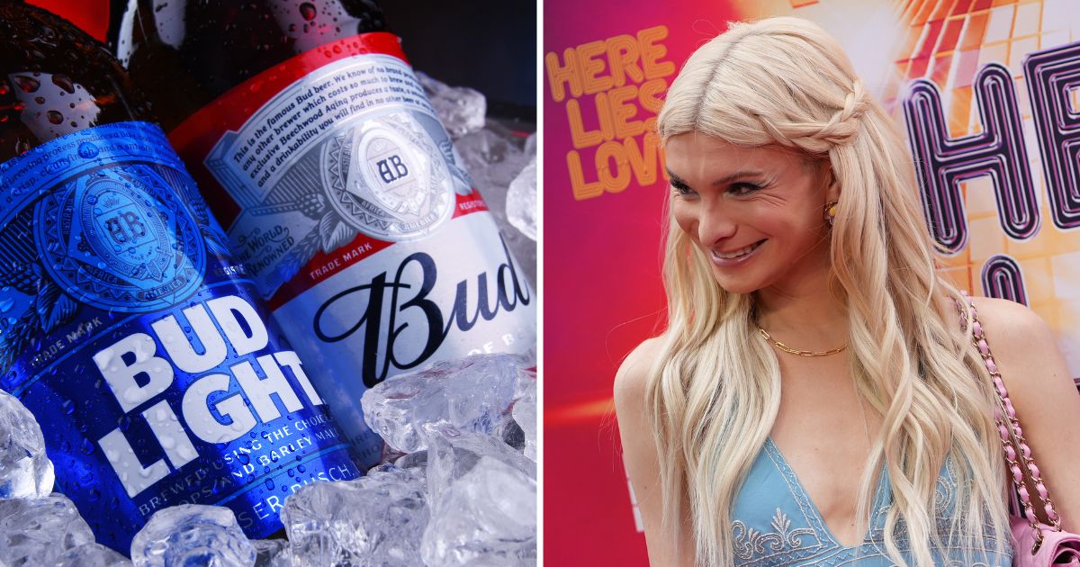 Bottles of Bud Light and Budweiser are seen in the stock image on the left. Dylan Mulvaney attends an event at Broadway Theatre on July 20 in New York City.