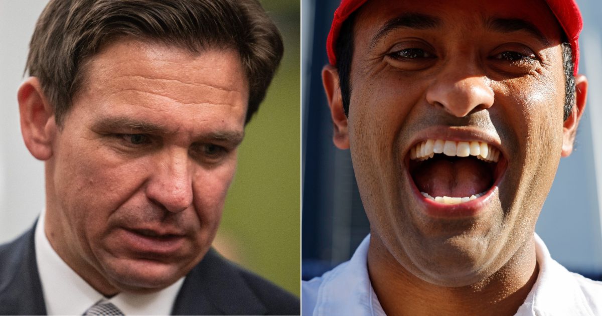 Republican GOP candidate Gov. Ron DeSantis, left, has been overtaken in one poll for second place in the Republican primary by businessman Vivek Ramaswam, right. (