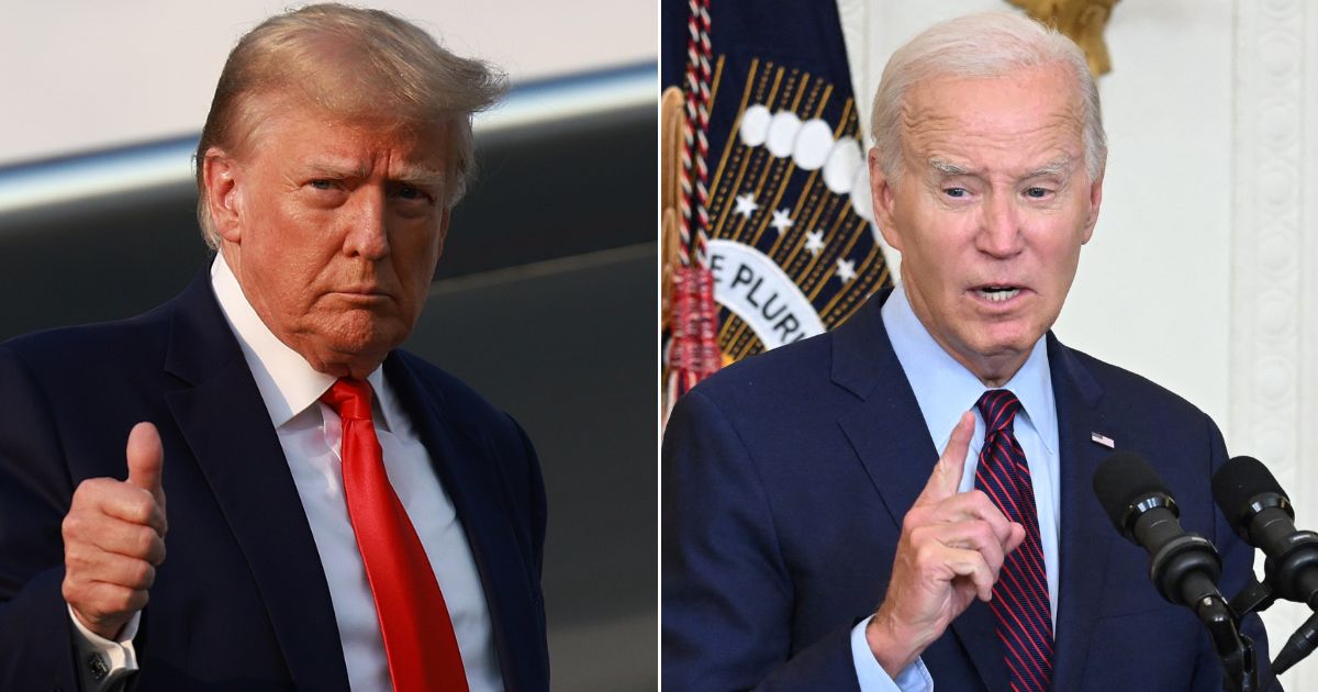 At left, former President Donald Trump arrives at Atlanta Hartsfield-Jackson International Airport in Atlanta on Thursday before turning himself in at the Fulton County Jail. At right, President Joe Biden speaks in the East Room of the White House in Washington on Monday.