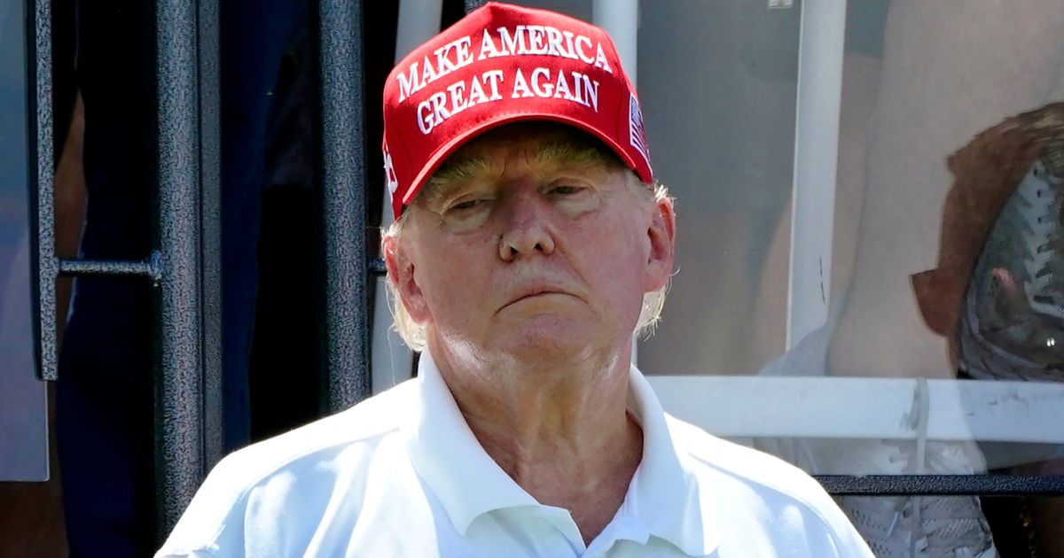 Former President Donald Trump looks on during Round 3 at the LIV Golf-Bedminster 2023 at the Trump National in Bedminster, New Jersey on Sunday.