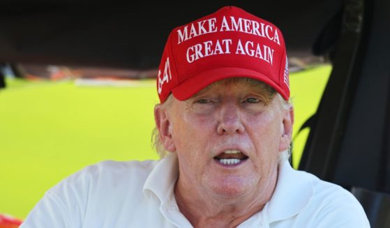 Former President Donald Trump is seen on the on the 15th hole during day one of the LIV Golf Invitational - Bedminster at Trump National Golf Club in Bedminster, New Jersey, on Friday.