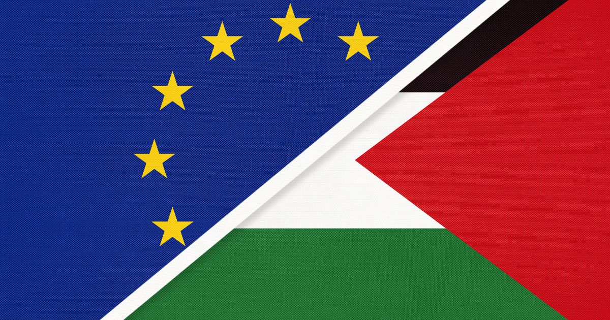 The European Union and Palestinian Authority flags are seen in the above stock image.