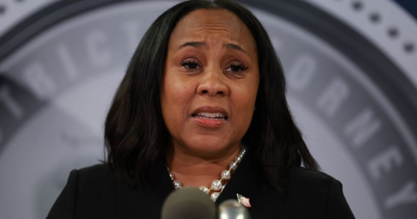 Fulton County District Attorney Fani Willis speaks during a news conference at the Fulton County Government building on August 14, 2023 in Atlanta, Georgia.