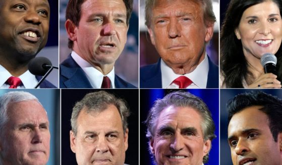 This combination of photos shows the current Republican presidential candidates: top row from left to right, Republican South Carolina Sen. Tim Scott, Florida Gov. Ron DeSantis, former president Donald Trump, and former South Carolina Gov. Nikki Haley, and bottom row from left to right, former Vice President Mike Pence, former New Jersey Gov. Chris Christie, North Dakota Gov. Doug Burgum and Vivek Ramaswamy.