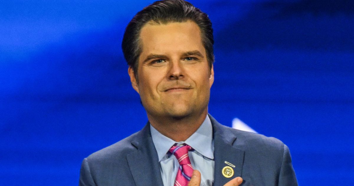 Rep. Matt Gaetz gestures as he arrives to speak at the Turning Point Action USA conference in West Palm Beach, Florida, on July 15.