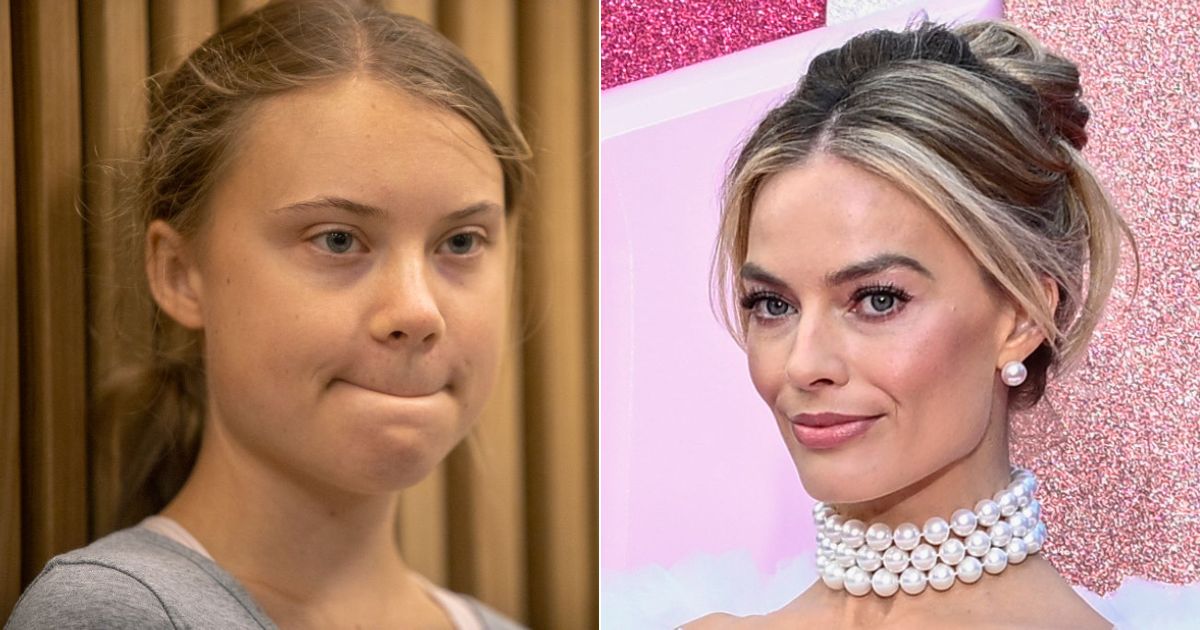 In a recent video uploaded to social media, climate activist Greta Thurnberg, left, acted out a scene from the new "Barbie" movie, emulating Margot Robbie's, right, Barbie in a cringeworthy way.