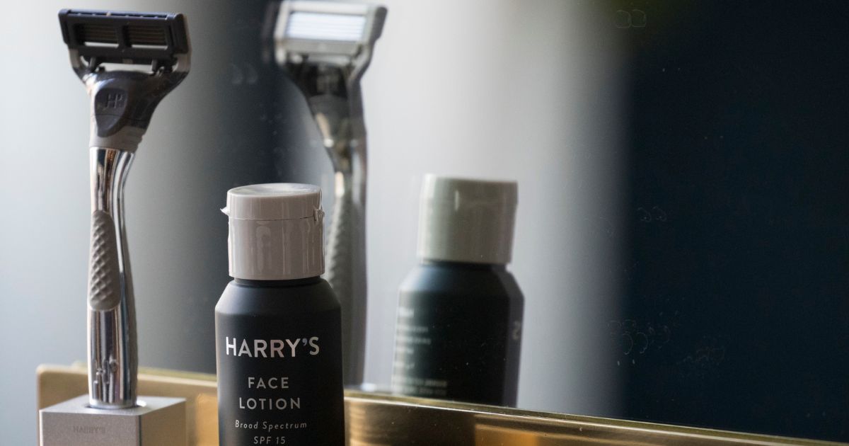 The Harry's Winston razor and a bottle of Harry's face lotion are displayed at Harry's Inc. headquarters in New York City on June 15, 2018.