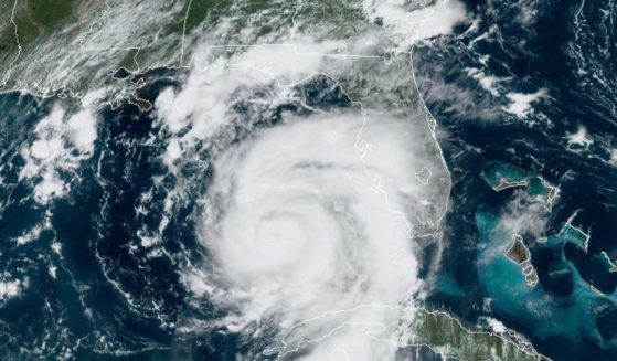 A satellite image from 1:31 p.m. EDT Tuesday shows Hurricane Idalia approaching Florida's Gulf Coast.